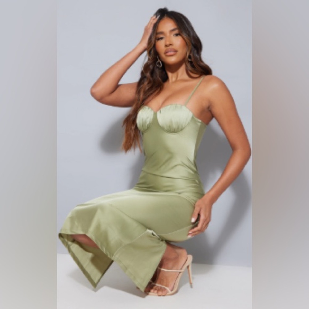 PrettyLittleThing Sage Green Satin Midi Dress